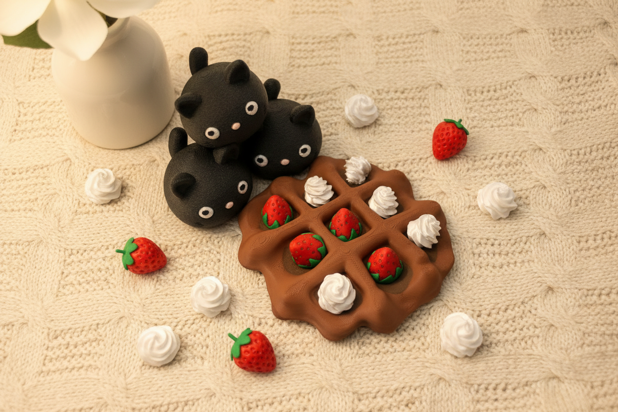 Flat lay with Waffle Tic Tac Toe and Bouncy cat clicker